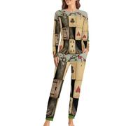 Wonderland with Playing Card Suits Women's Pajama Set Long Sleeve Top Sleep Pant Pjs 2 Piece L