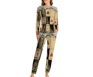 Wonderland with Playing Card Suits Women's Pajama Set Long Sleeve Top Sleep Pant Pjs 2 Piece L