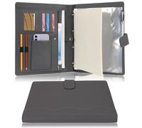 Wonderpool A4 PU Leather 4 Ring Holder Writing Portfolio Multi Document Case with Removable Binder Clipboard and Functional Pocket for Organizer Office Travel School (Grey)