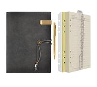 WONDERPOOL A5 Leather Diary Lined Paper Notebook & Pen - Refillable 6 Ring Binder Writing Spiral Journal for Office Travel Work and Plan Agenda(a-Grey, A5)