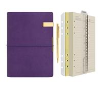 WONDERPOOL A5 Leather Diary Lined Paper Notebook & Pen - Refillable 6 Ring Binder Writing Spiral journal with Ruled Notepads for Office Travel Work and Plan Agenda(b-Purple, A5)
