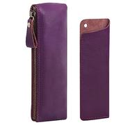 WONDERPOOL Leather 1pc Pencil Case & 1pc Fountain Pen Holder - Portable Compact Drawing Marker Pen Stationery Pouches for School Office Travel Organizer (Purple)