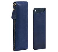 WONDERPOOL Leather 1pc Pencil Case & 1pc Fountain Pen Holder - Portable Compact Drawing Marker Pen Stationery Pouches for School Office Travel Organizer (Blue)