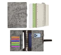 Wonderpool Leather Diary 6 Ring Binder Folder Organiser with Dotted Paper Refillable Writing Notebook & Multi Pockets Cover for Business Study Travel (A5, Grey)