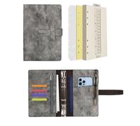 Wonderpool Leather Diary 6 Ring Binder Folder Organiser with Dotted Paper Refillable Writing Notebook & Multi Pockets Cover for Business Study Travel (A6, Grey)