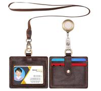 Wonderpool Leather Horizontal Badge Holder with Detachable Neck Lanyard and Retractable Badge Reel Clip, Card Slots Case ID Card Holder for ID Badges Card and Driver Licence (Coffee)