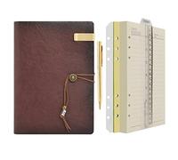 Wonderpool Leather Journal Lined Paper Notebook & Pen - Refillable 6 Ring Binder Writing Spiral Diary with Ruled Notepads Vintage Cover for Office Travel Work and Plan Agenda (a-Brown, A5)