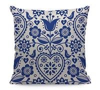WONDERTIFY Blue Floral Cushion Cover Vintage Style Flower Heart Bird Decorative Throw Pillow Covers For Couch, Bed Sofa Pillows Case Navy Blue White 45X45 Cm