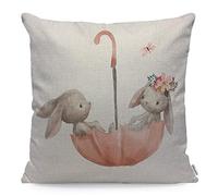 WONDERTIFY Hares Cushion Cover Watercolor Cute Animal Flower Bunny Couple Rabbit Love Butterfly Umbrella Throw Pillow Covers Cushion Case For Couch Home Decor 45X45 Cm