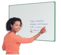 Wonderwall Frameless Whiteboard 90 x 60cm, Green Edged, Non-Magnetic | Contoured edge, dry wipe board, double sided with plain & grid surfaces & fixing kit included