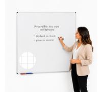 Wonderwall Large Non-Magnetic Whiteboard, 120 x 120cm, Double-Sided | Wall-mounted, Dry-Wipe Surface with Feint Grid on Reverse, Clip-on Pen Tray - Ideal for Office, School, Healthcare