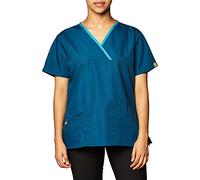 WonderWink 6026ACRBSM Origins Women's Charlie Fit Y-Neck Mock Wrap Top, Caribbean Blue, Standard - Small