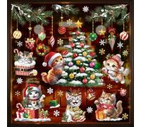 wondever 3D Cats Christmas Tree Window Clings Xmas Tree Snowflake Glass Sticker Decal Anti Collision Double-Side Static Window Decals for Christmas Party