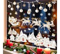 wondever 3D Christmas Snow House Window Clings Christmas Santa Claus Reindeer Glass Sticker Decal Anti Collision Double-Side Static Window Stickers for Glass Xmas Party