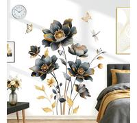 wondever Black Gold Flowers Wall Stickers 3D Floral Butterfly Peel and Stick Wall Art Decals for Living Room Bedroom Sofa TV Background