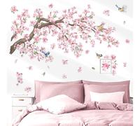 wondever Cherry Blossom Tree Branch Wall Stickers Pink Flower Floral Birds Peel and Stick Wall Art Decals for Bedroom Living Room Sofa
