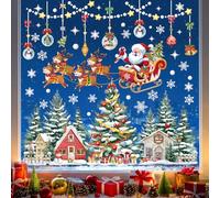 wondever Christmas Tree Santa Claus and Reindeer Window Clings Xmas Tree Snow House Snowflake Glass Sticker Decal Anti Collision Double-Side Static Window Decals for Christmas Party