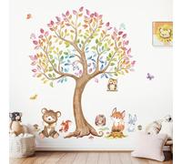 wondever Colorful Large Animal Tree Wall Decals Fox Bear Owl Peel and Stick Wall Art Stickers for Kids Bedroom Baby Nursery