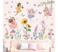 wondever Fairy Flower Wall Stickers Elves Wildflower Sunflower Peel and Stick Wall Art Decals for Girls Bedroom Kids Room Baby Nursery