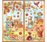 wondever Fall Animals Pets Window Clings Autumn Tree Branch Dogs Cat Swing Glass Sticker Decal Anti Collision Double-Side Static Window Stickers for Home Glass Window