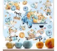 wondever Fall Blue White Pumpkin Window Clings Thanksgiving Autumn Harvest Gnomes Glass Sticker Decal Anti Collision Double-Side Static Window Stickers for Home Glass Window
