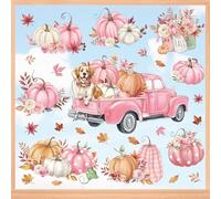 wondever Fall Pink White Pumpkin Window Clings Thanksgiving Autumn Harvest Flower Dog Glass Sticker Decal Anti Collision Double-Side Static Window Stickers for Home Glass Window