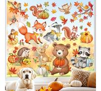 wondever Fall Woodland Animals Window Clings Autumn Maple Leaves Pumpkin Fox Squirrel Bear Glass Sticker Decal Anti Collision Double-Side Static Window Stickers for Home Glass Window