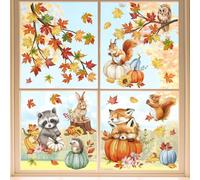 wondever Fall Woodland Animals Window Clings Autumn Pumpkin Fox Squirrel Owl Raccon Glass Sticker Decal Anti Collision Double-Side Static Window Stickers for Home Glass Window