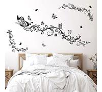 wondever Flowers Vine Wall Stickers Black Floral Butterfly Peel and Stick Wall Art Decals for Girls Bedroom Living Room TV Background