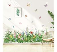 wondever Green Grass Wall Decals Wildflower Butterfly Wall Corner Stickers | Peel and Stick, Removable, Wall Art Decals, Wall Decoration, Living Room Bedroom, Office Sofa TV Home Wall Decor