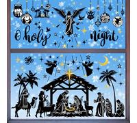 wondever Jesus Nativity Scene Window Clings Holy Night Religious Silhouette Christmas Glass Sticker Decal Anti Collision Double-Side Static Window Decals for Home Xmas Holiday Party