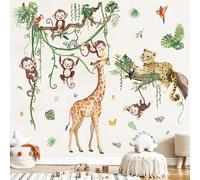 wondever Jungle Animals Tree Branch Wall Stickers Safari Leopard Giraffe Monkey Peel and Stick Wall Art Decals for Baby Nursery Kids Bedroom Living Room