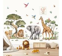 wondever Large Jungle Safari Animals Tree Wall Stickers Elephant Lion Giraffe Leopard Peel and Stick Wall Art Decals for Baby Nursery Kids Bedroom Living Room