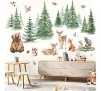 wondever Large Pine Tree Animals Wall Stickers Woodland Animal Bear Deer Fox Peel and Stick Wall Art Decals for Baby Nursery Kids Bedroom Living Room