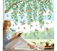 wondever Large Tree Branch Hanging Vine Window Clings Green Leaf Flower Birds Glass Sticker Decal Anti Collision Double-Side Static Window Stickers for Home Glass