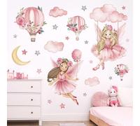 wondever Pink Fairy on Swing Wall Stickers Girl Hot Air Balloon Flowers Peel and Stick Wall Art Decals for Baby Nursery Kids Girls Bedroom