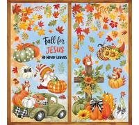 wondever Pumpkin Leaves Window Clings Religious Thanksgiving Fall for Jesus Cross Truck Glass Sticker Decal Anti Collision Double-Side Static Window Stickers for Home Glass Window