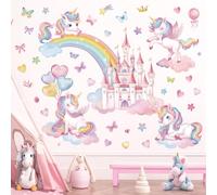 wondever Rainbow Castle Wall Stickers Unicorn Butterfly Balloon Peel and Stick Wall Art Decals for Baby Nursery Girls Bedroom Toddler Room