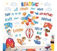 wondever Reading Corner Books Kids Wall Stickers Inspirational Quotes Hot Air Balloon Peel and Stick Wall Art Decals for School Classroom Kids Room