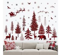 wondever Red Black Plaid Christmas Tree Wall Stickers Pine Tree Forest Animals Santa Claus and Reindeer Christmas Window Wall Art Decals for Christmas Party Window Xmas Home Party