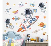 wondever Rocket Astronaut Wall Stickers Universe Space Planet Outer Space Peel and Stick Wall Art Decals for Baby Nursery Kids Bedroom Playroom