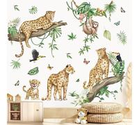 wondever Safari Jungle Animal Leopard Wall Stickers Cheetah Tree Branch Sloth Tropical Leaves Peel and Stick Wall Art Decals for Baby Nursery Kids Bedroom Living Room