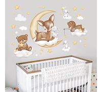 wondever Sleeping Animal Bear Deer Wall Stickers Fawn Moon and Stars Clouds Peel and Stick Wall Art Decals for Kids Bedroom Baby Nursery
