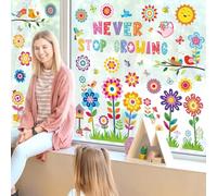 wondever Spring Summer Kids Colorful Flower Window Clings Birds Floral Glass Sticker Decal Anti Collision Double-Side Static Window Stickers for Kids Holiday Window Glass