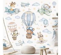 wondever Watercolor Hot Air Balloon Animals Wall Stickers Airplane Bear Elephant Cloud Peel and Stick Wall Art Decals for Kids Baby Nursery Bedroom