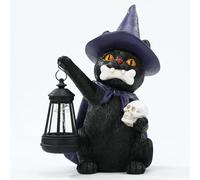 WONDHOME Halloween Black Cat Statue with LED Lantern Solar Cat Garden Statues Holding Skull Halloween Decorations for Outdoor Porch Yard Lawn Garden Balcony
