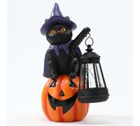 WONDHOME Halloween Black Cat Statue with LED Lantern Solar Cat Garden Statues Sit On Pumpkin Halloween Decorations for Outdoor Porch Yard Lawn Garden Balcony
