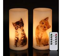 Wondise Flameless Flickering Candles with Remote and Timer, Battery Operated Real Wax Pillar Candles with Lovely Cat Decal for Christmas Home Decoration Gifts(3 x 3 x 6 Inch)