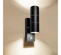 Wondlumi Outdoor Wall Lights PIR Motion Sensor Up and Down Outside Light Mains Powered IP44 Black Wall Lamp Incl. 2X 5W LED GU10 Bulbs Cool White 6000K