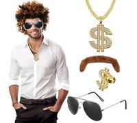 Wondora 80er Jahre Outfit Herren, 70er Jahre Kostüm mit Okuhila Perücke, Hippie Kostüm, Disco Sonnenbrille, Vokuhila Perücke und Schnauzbart für Rollenspiel, Halloween, Fasching (5 Stück)